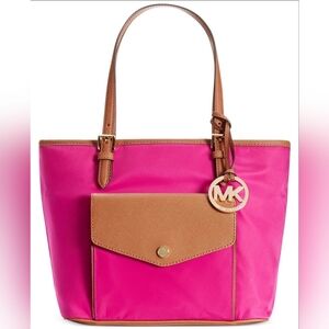Michael Kors Purse MK Tote Hot Pink Purple Tan Fushsia Handbag Shoulder Bag